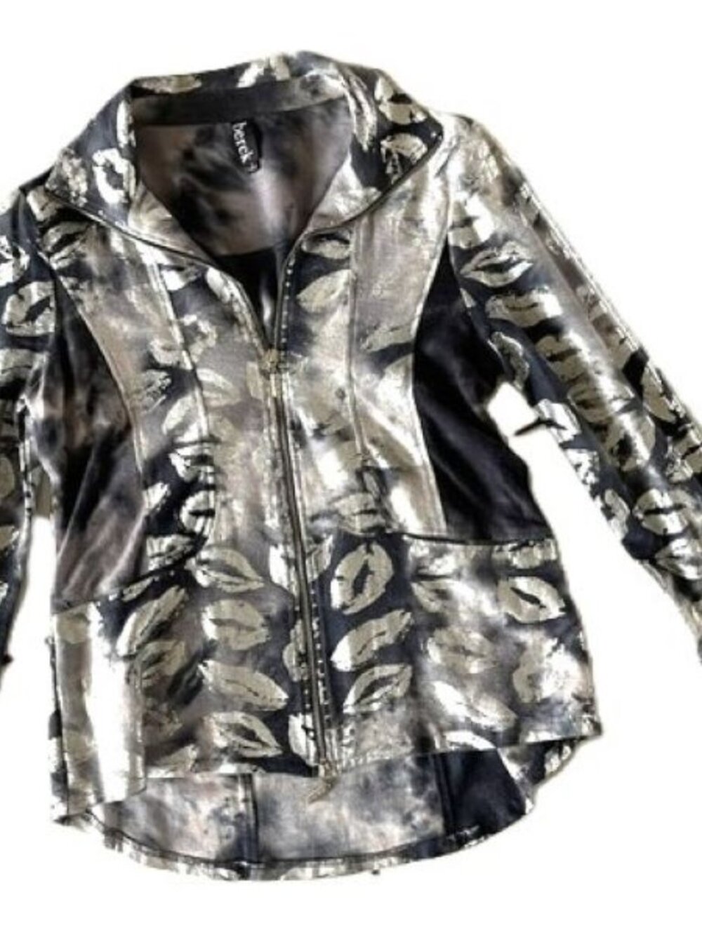 Berek Silver Metallic Lips Print Charcoal Blue Lightweight Zip Jacket Size S